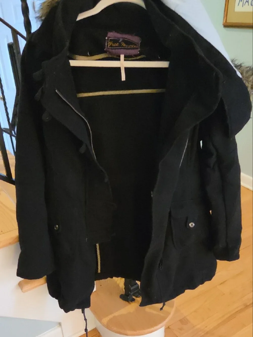 Free People Black Hooded Puffer Coat with Faux Fur Trim, 10 - Vintage